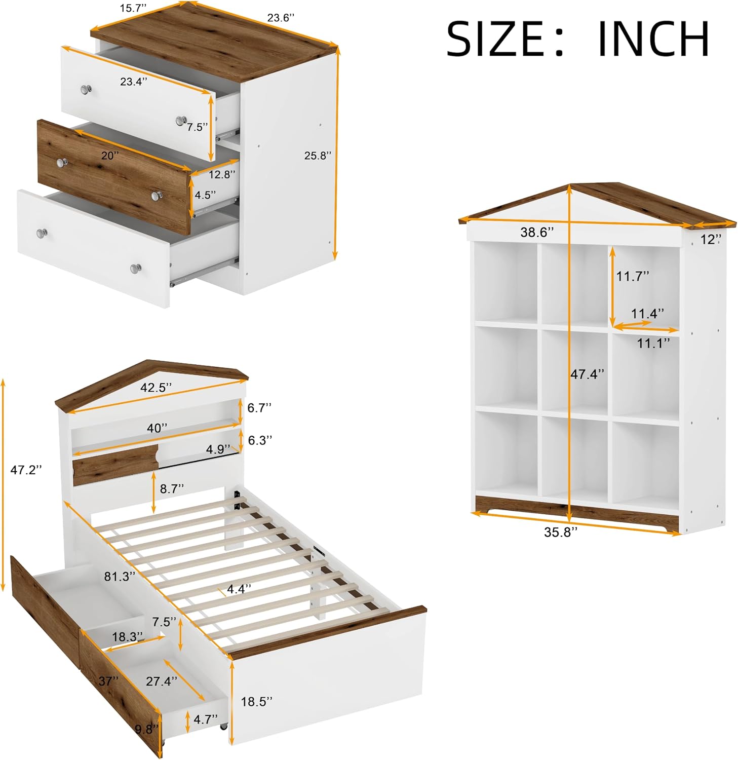 3 Pcs Bedroom Sets, Twin Size House Shaped Wooden Bed with Storage Drawers, Nightstand with Colorblock Design and House Shaped Stroage Rack, Brown+White