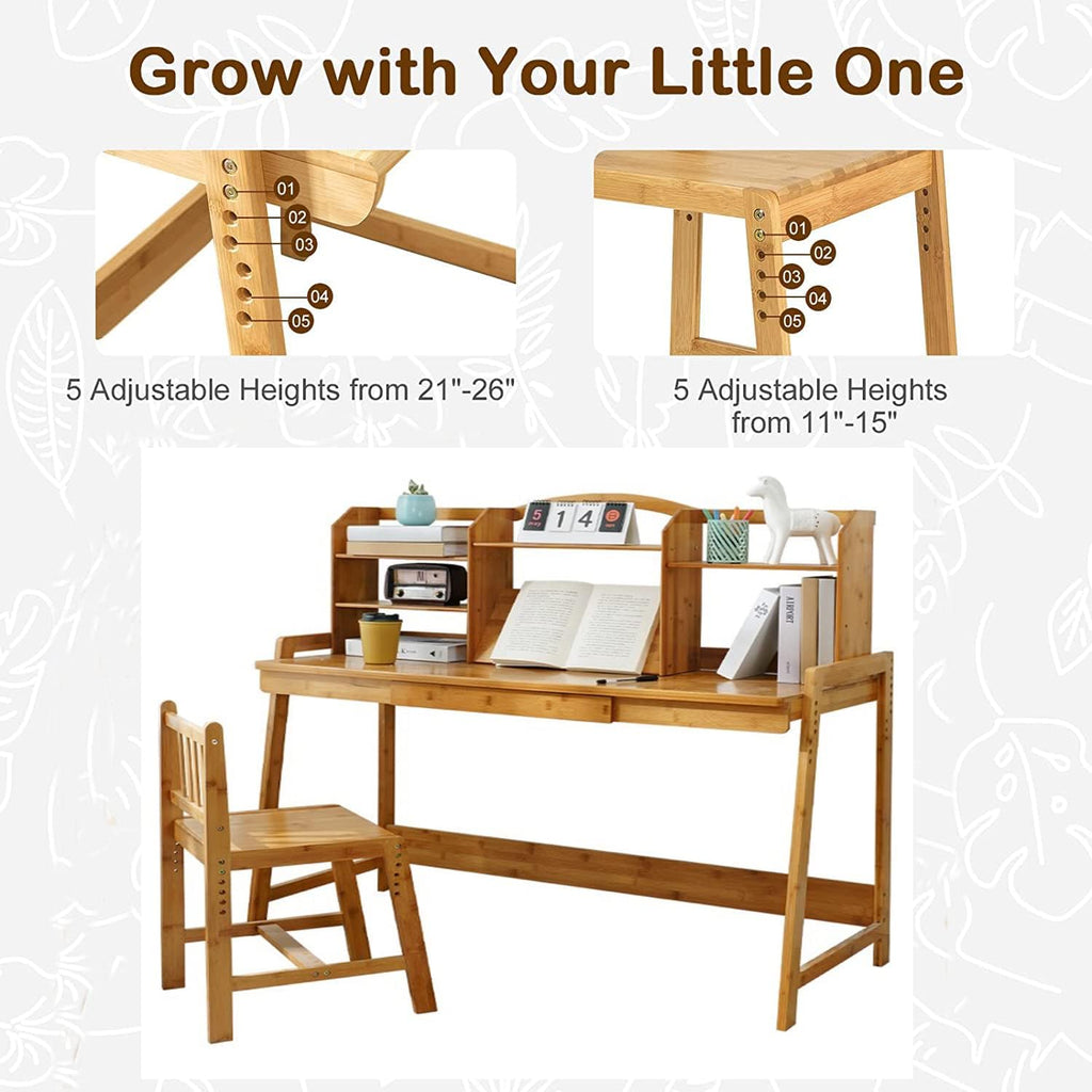 UNICOO Kids Desk and Chair Set, Height Adjustable Bamboo Study Desk with Storage Hutch and Bookshelf, Wooden Writing Table for Toddlers and Kids, Easy-Clean Surface, Natural (02)