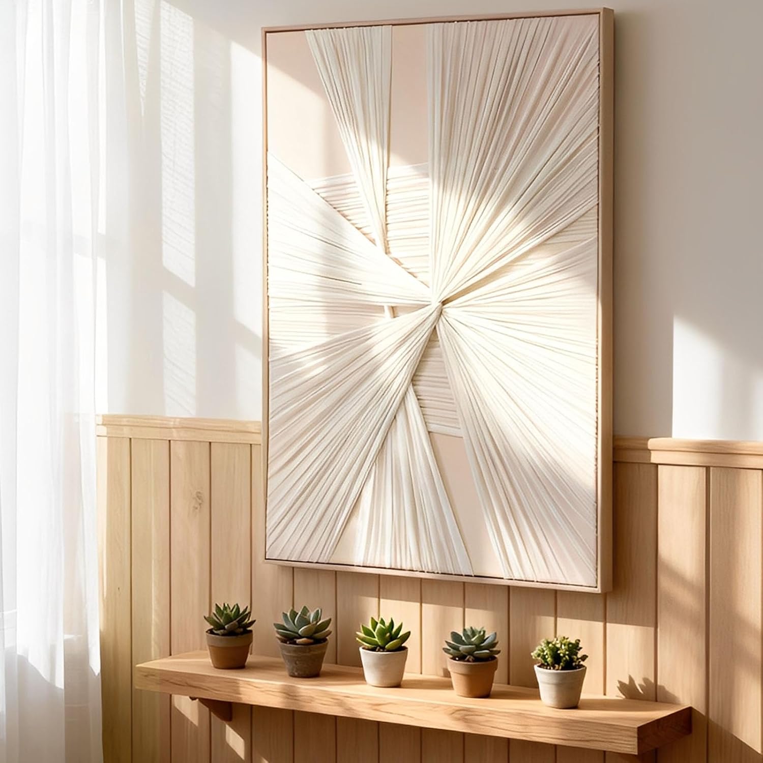 Artists' Handicraft, Large 3D Fabric Hand Painted Framed Wall Art, Minimalist Modern Luxury Artwork, Abstract Boho Modern Long Beige Wall Decor, Neutral Trendy Paintings for Living Room Bedroom Hallway Office, Vertical, 30x45 In