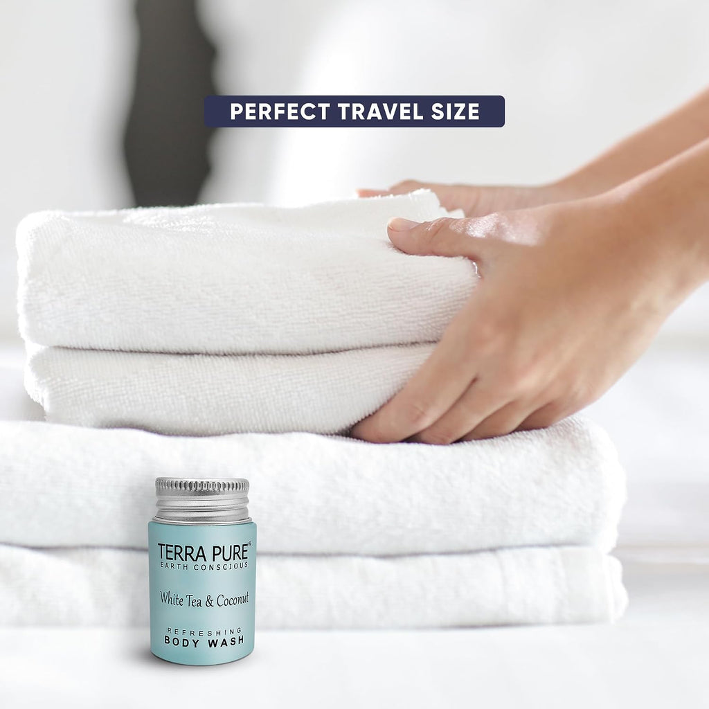 Travel Size Hotel Body Wash 300 Count 1 oz Bottles Guest Amenities for Hotels Vacation Rentals & Short Term Rentals Paraben Free White Tea & Coconut Scent Infused with Aloe and Olive Oil by Terra Pure