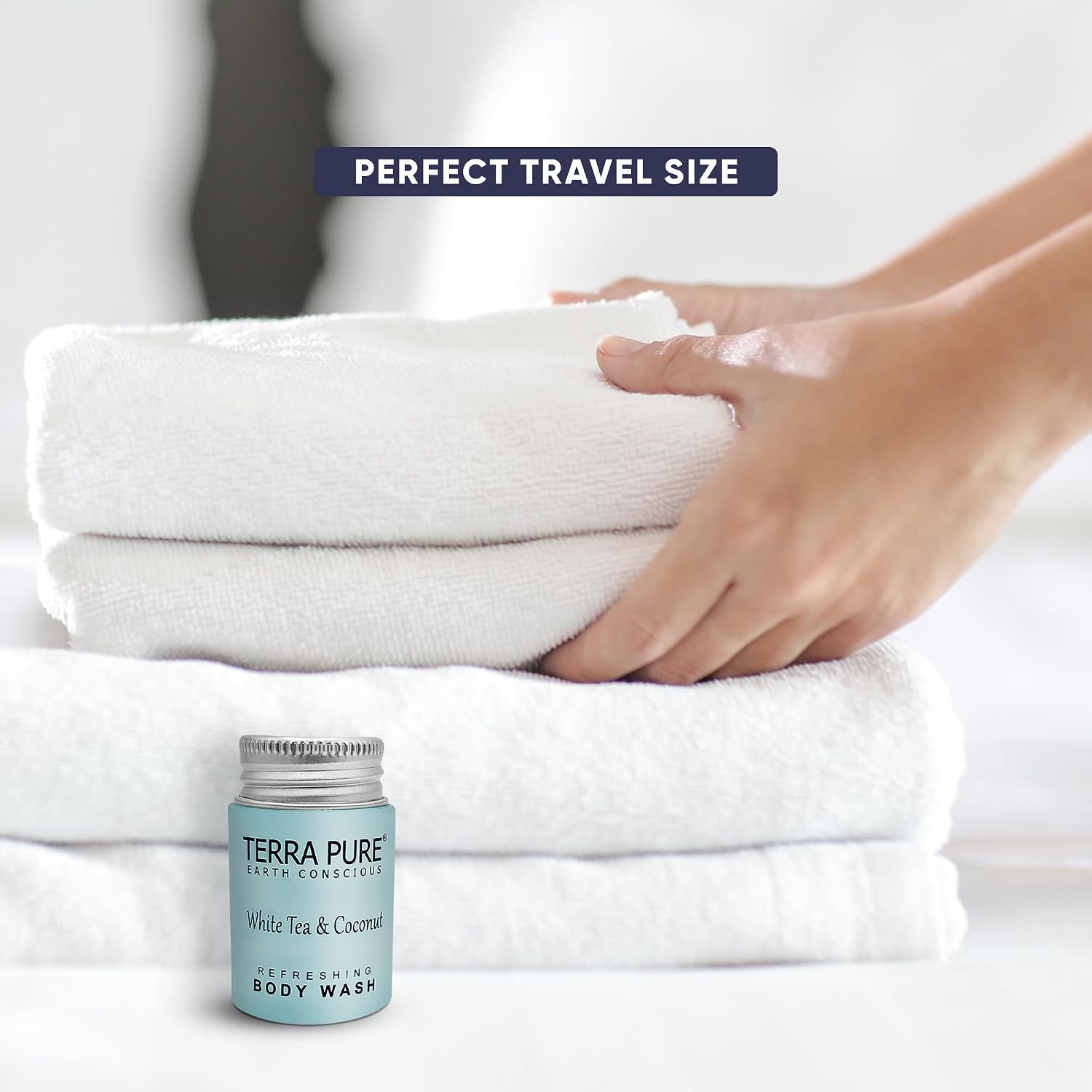 Travel Size Hotel Body Wash 300 Count 1 oz Bottles Guest Amenities for Hotels Vacation Rentals & Short Term Rentals Paraben Free White Tea & Coconut Scent Infused with Aloe and Olive Oil by Terra Pure