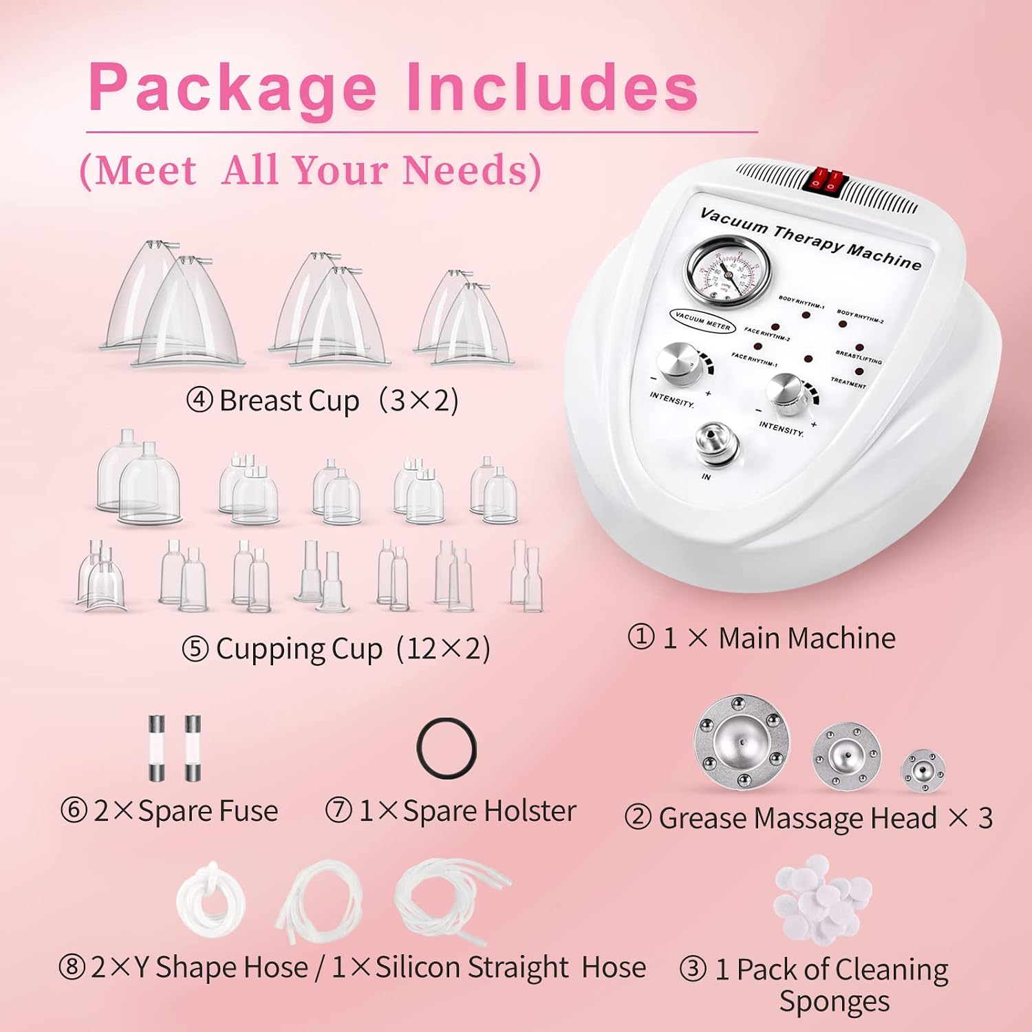 Beauty Star Vacuum Therapy Cupping Machine, Multifunctional Body, Back, Face Massage Care Machine Adjustable Suction (0-70 cmHg) with 30 Cups and 3 Gua Sha Pumps (Max Cups 1200ML)