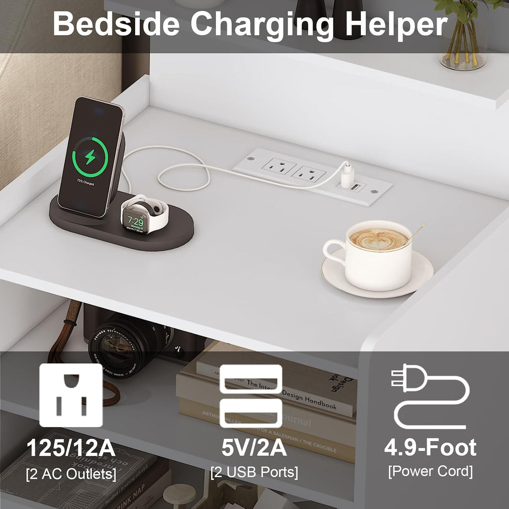 Nightstand Set of 2 with Charging Station and LED Lights, Bedside Table with 2 Drawers and Open Storage Shelf, 2 USB Ports and 2 AC Outlets, LED Night Stands for Bedroom Set of 2, White