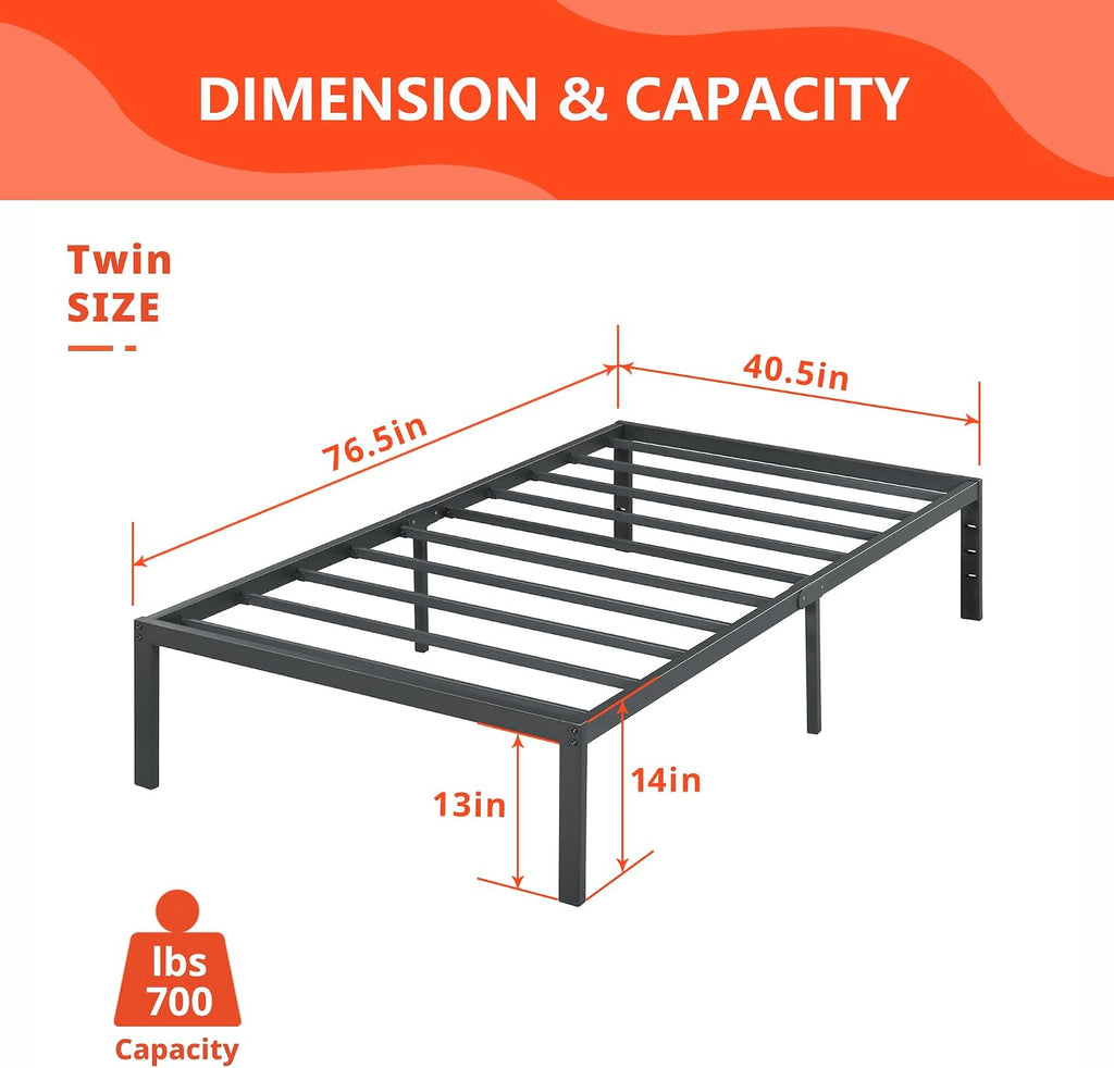 PrimaSleep 14 Inch Heavy Duty Steel Slat Anti-Slip Support, Easy Assembly Platform Bed frame, Noise Free Steel Mattress Foundation, Maximum Storage, No Box Spring Needed, Black, Twin Size
