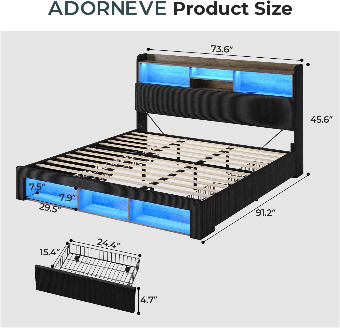 ADORNEVE California King Bed Frames with 4 Storage Drawers, Footboard Cubbies and RGB Lights, Corduroy Upholstered Platform Bed with Power Outlets and Storage Headboard, No Box Spring Needed, Black