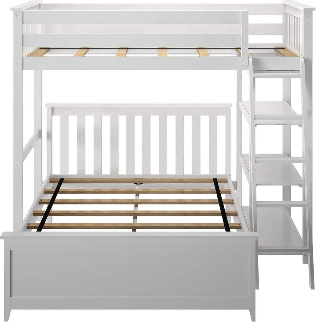 Max & Lily L Shape Twin over Full Bunk Bed with Bookcase, White