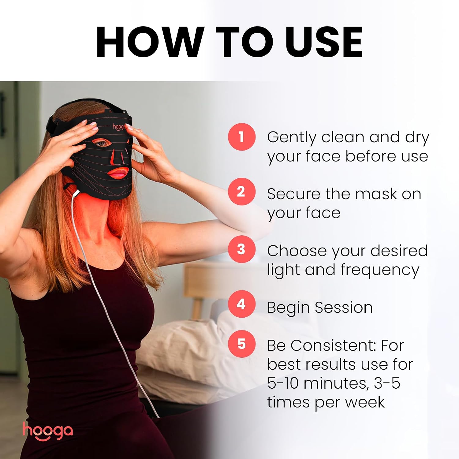Hooga Red Light Therapy Mask – LED Face Mask, 630nm 660nm Red & 850nm Near Infrared Light Therapy, Tri Chip LEDs, Rechargeable, Adjustable Comfortable Face Mask
