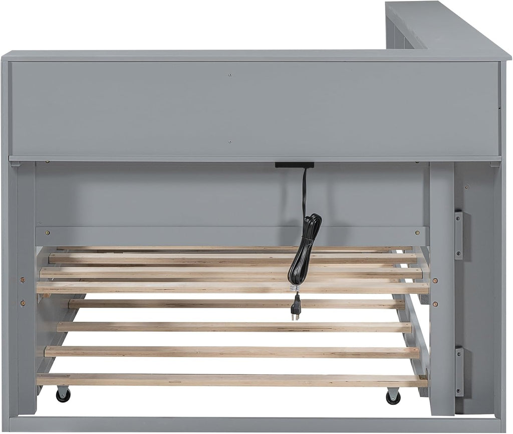 Modern Twin Size Daybed with Trundle, Solid Wood Captain Platform Bed with Storage Cabinets and USB Ports, Low Floor Bed for Kids Teens Adult Bedroom, Easy Assembly (Gray-XX115)