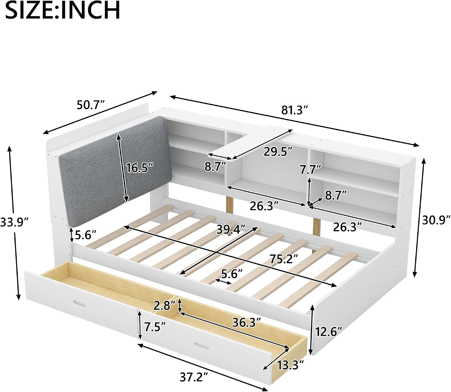 Twin Size Platform Bed with Storage Headboard and Shelves, Wooden Daybed Frame with Side Bookcase and 2 Drawers,Wood Slat Support, Rotatable Storage Board (White-83J)