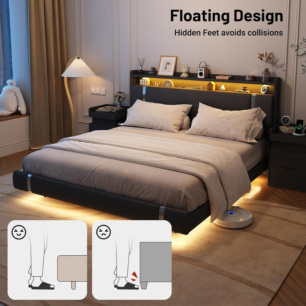Floating Bed Frame with Storage Headboard, Modern Black King Size Bed Frame with LED Light and Charging Station, Upholstered Platform Bed Frame, No Box Spring Needed, Metal Frame Noise-Free