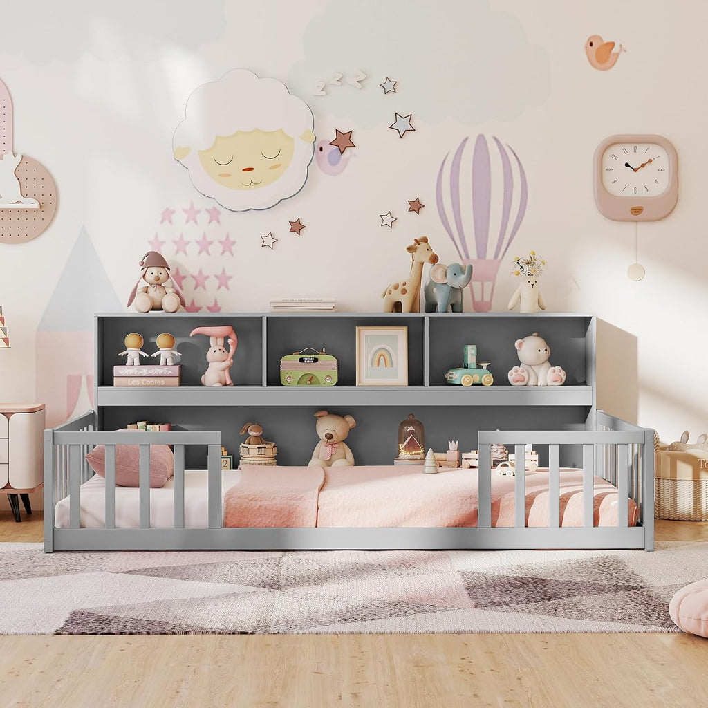 BECOMFORT Twin Floor Bed for Kids, 2-in-1 Kids Twin Floor Bed Frame with Bedside Bookcase & Safety Guardrails, Montessori Bed for Boys Girls
