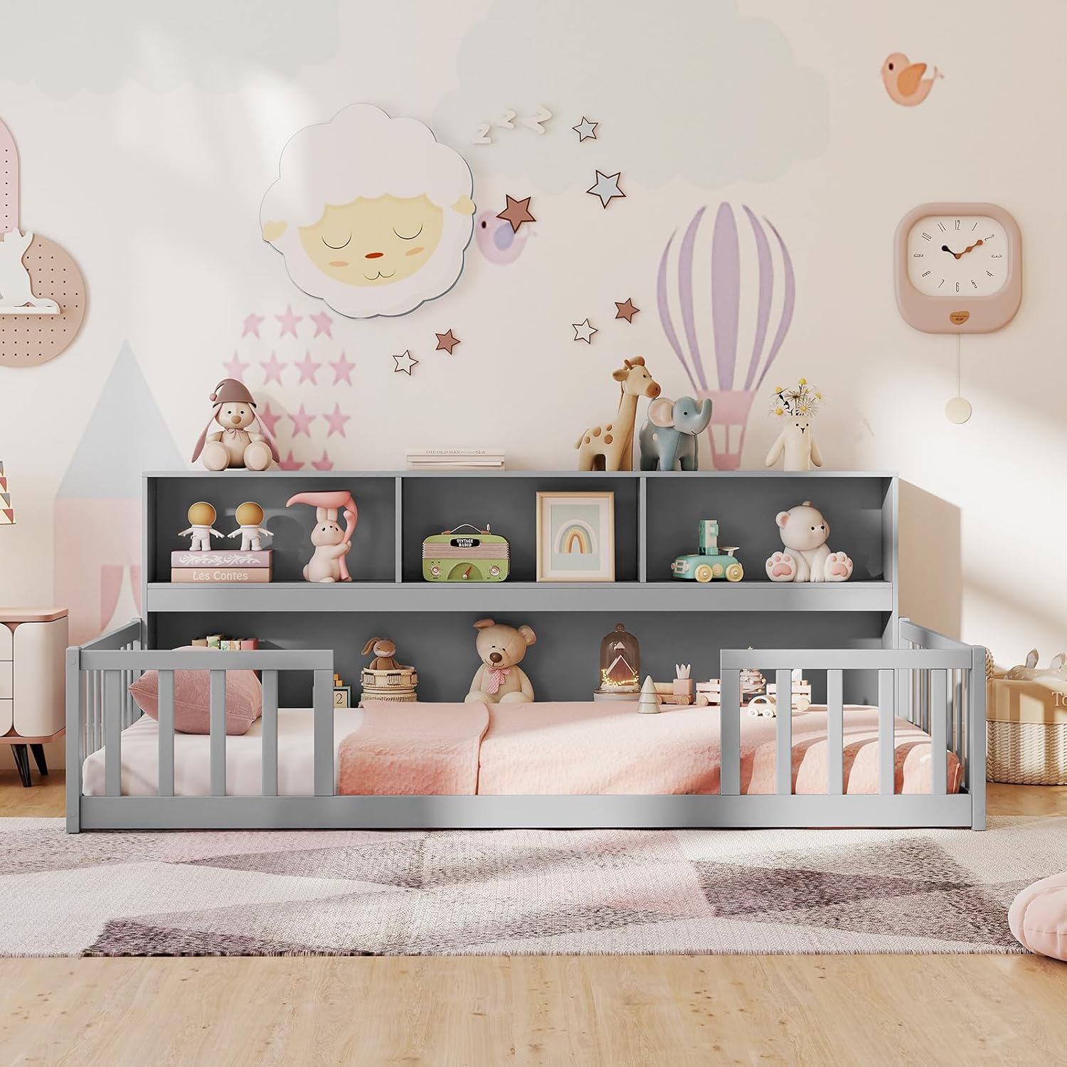 BECOMFORT Twin Floor Bed for Kids, 2-in-1 Kids Twin Floor Bed Frame with Bedside Bookcase & Safety Guardrails, Montessori Bed for Boys Girls