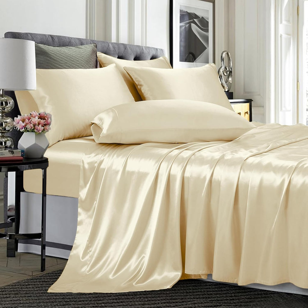 Twin XL Size 4-Piece Sheet Set Premium Mulberry Silk Bed Sheets Set Fits 14-16' Deep Pocket - Luxurious Soft Silk (Solid, Beige)
