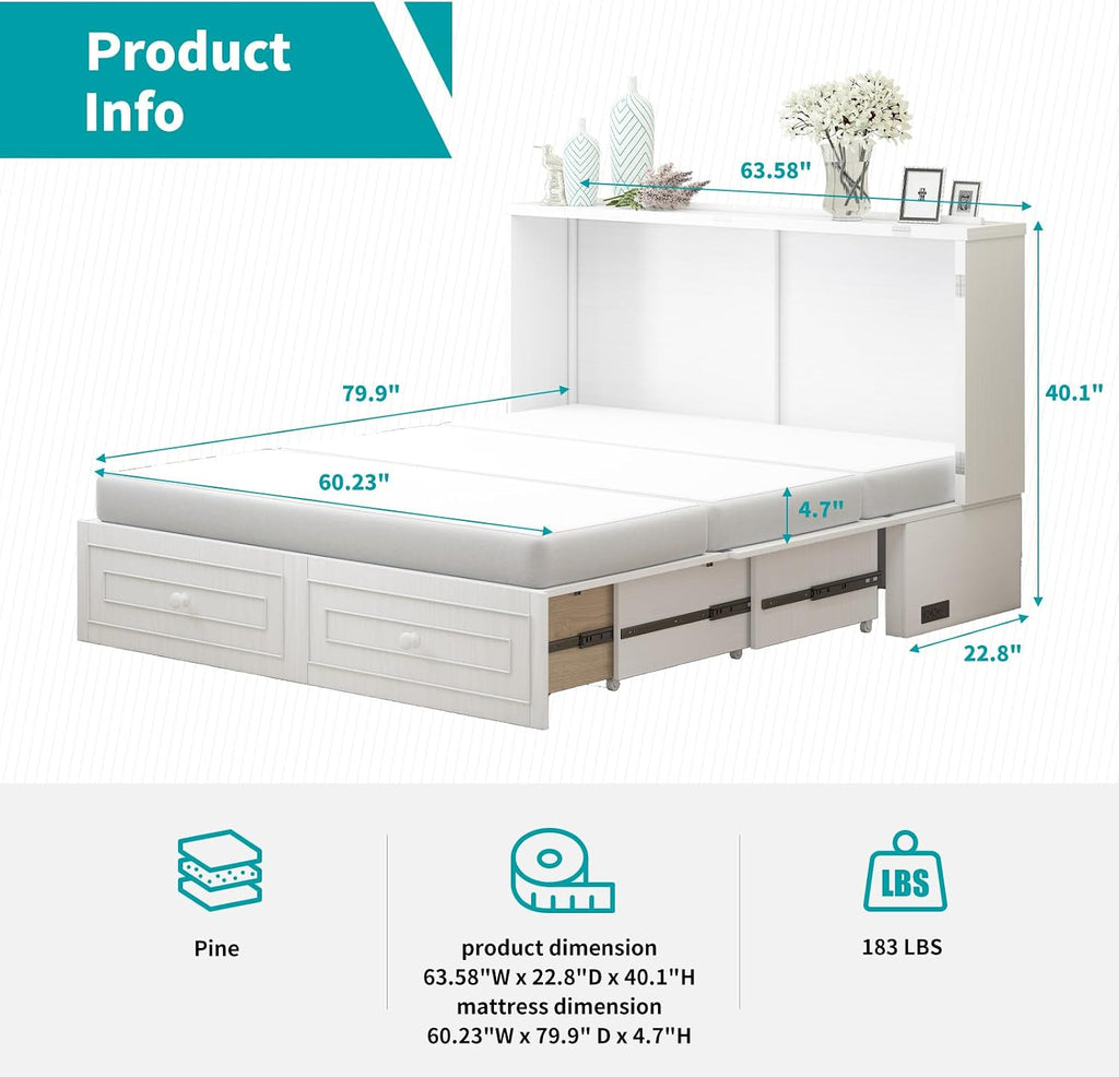 BALUS Queen Size Cabinet Murphy Bed, Modern Murphy Beds for Bedroom, Adults Chest Cabinet Wall Bed with Built-in USB Charging Station, Storage Drawer for Living Room, No Mattress(White)