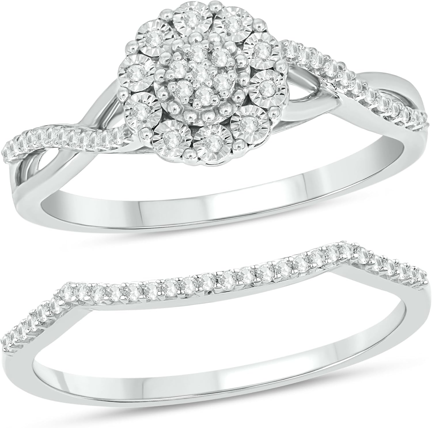 Cali Trove 1/6 Ct Natural Diamonds | 925 Sterling Silver Bridal Wedding Ring Set for Women | Halo Diamond Engagement Ring with Split Shank | Matching Silver Band | Elegant Jewelry Gift for Her