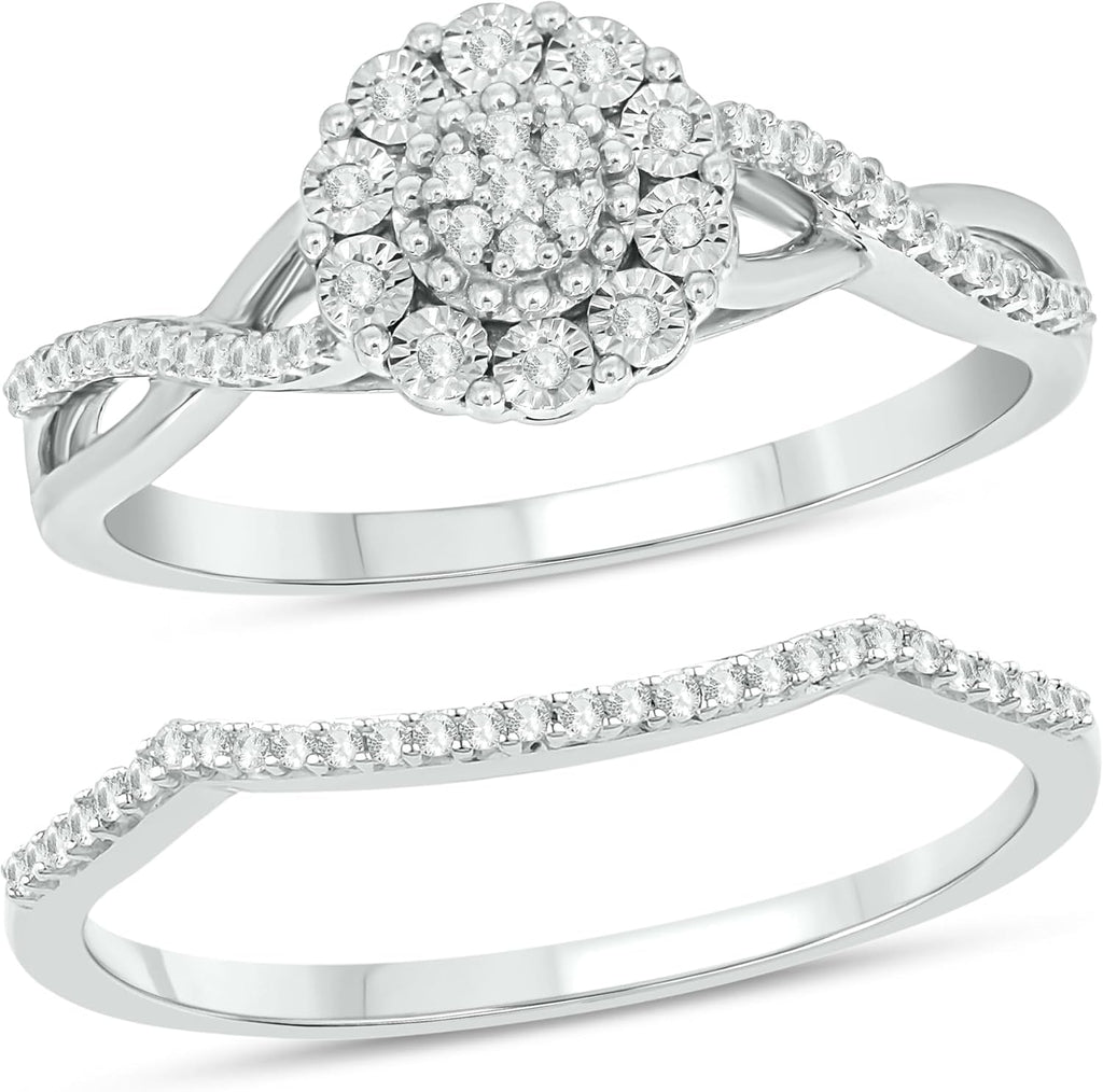 Cali Trove 1/6 Ct Natural Diamonds | 925 Sterling Silver Bridal Wedding Ring Set for Women | Halo Diamond Engagement Ring with Split Shank | Matching Silver Band | Elegant Jewelry Gift for Her