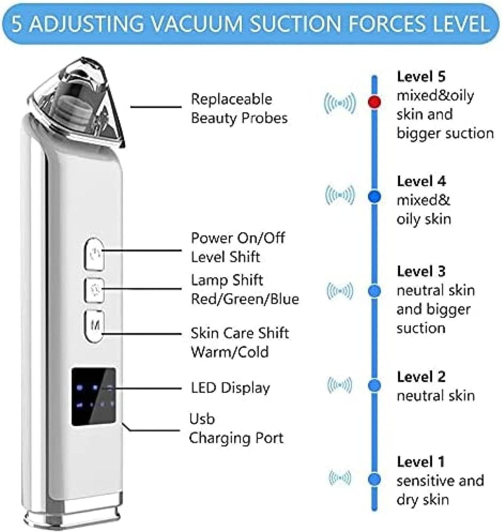 Blackhead Remover Vacuum Electric Acne Comedone Extractor, Facial Pore Deep Cleaning Tool with Hot and Cold Compress Adjustable Suction Power, 5 Replacement Probes,3POUR3