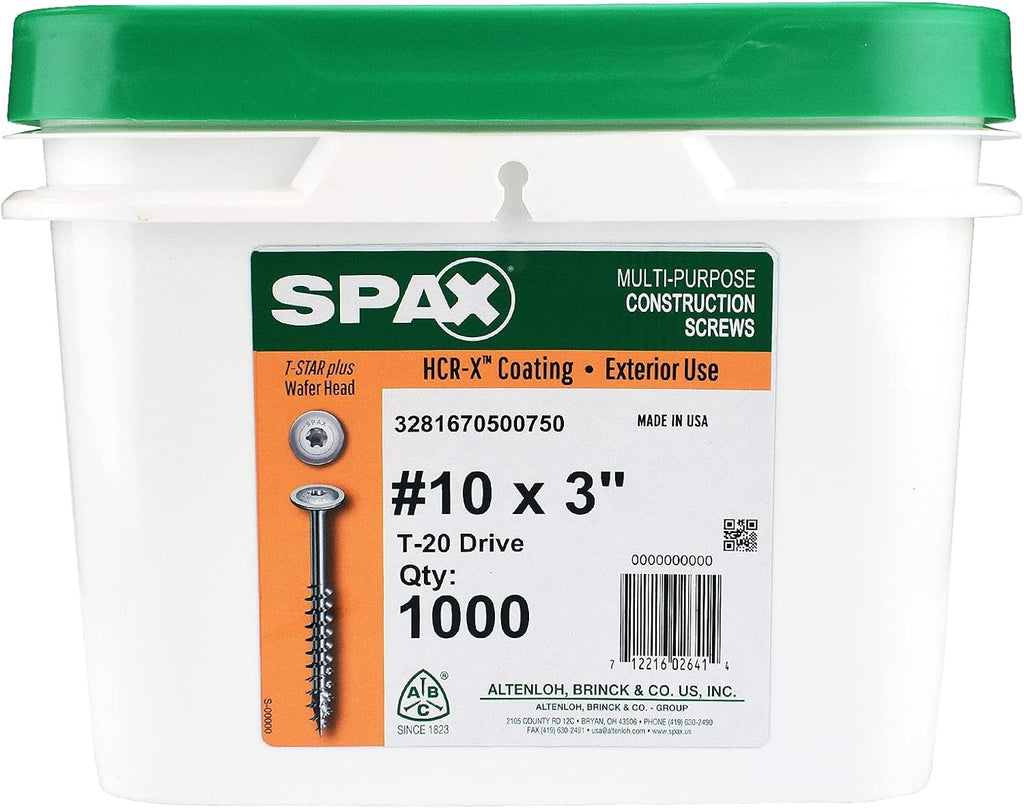 SPAX #10 x 3 Exterior Wafer Head Wood Screws Construction Torx T-Star Plus (1000 EA) Bulk Pail Bit Included Rust Resistant