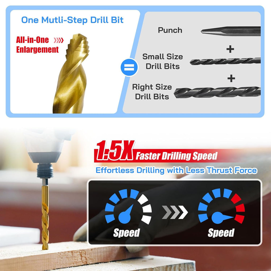 Handree 30pcs Hex Shank Stepped Point Drill Bit Set, No Pilot Hole Needed, 1/16'-1/2' for Impact Drivers, Titanium Drill Bits for Metal, Steel & Acrylic, Industrial, MRO & DIY Use