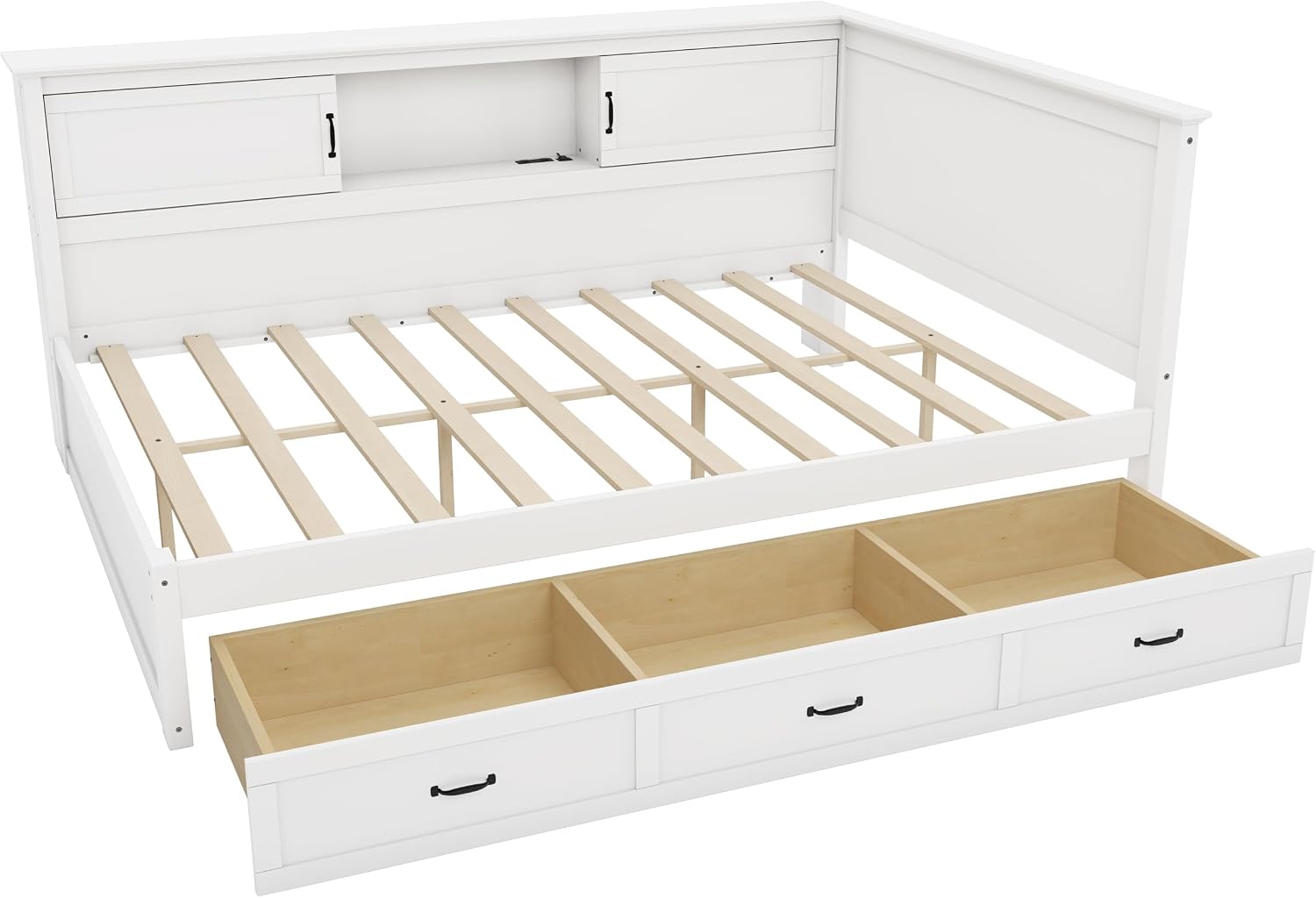 Full Size L-Shaped Bed Frame with Drawer and Bookcase, Multifunctional Corner Bed, Wooden Captain Bed with Led Downlight and USB Port for Small Room,Bedroom, Guest Room