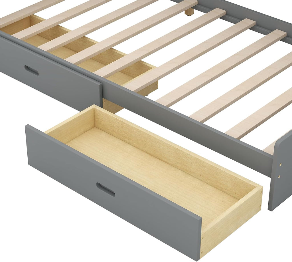 Twin Size Platform Bed with Storage Headboard and Shelves, Wooden Daybed Frame with Side Bookcase and 2 Drawers,Wood Slat Support, Rotatable Storage Board (Gray-83J)