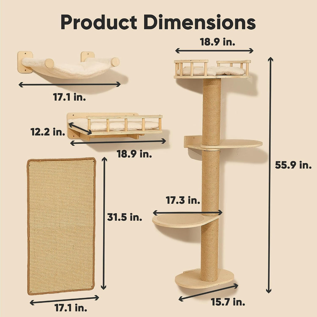 FUKUMARU Cat Wall Shelves, 4 in 1 Stable Wooden Wall-Mounted Furniture Set, Climbing Tree with Hammock, Bed, Perch and Scratching Mat (Beige)