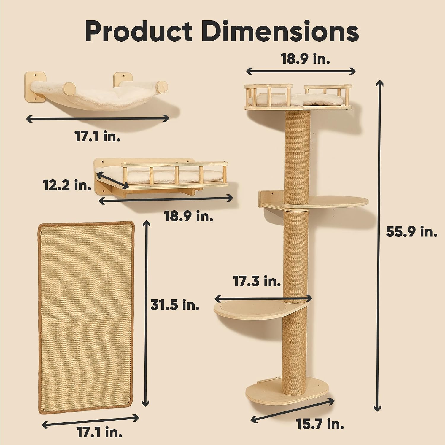 FUKUMARU Cat Wall Shelves, 4 in 1 Stable Wooden Wall-Mounted Furniture Set, Climbing Tree with Hammock, Bed, Perch and Scratching Mat (Beige)