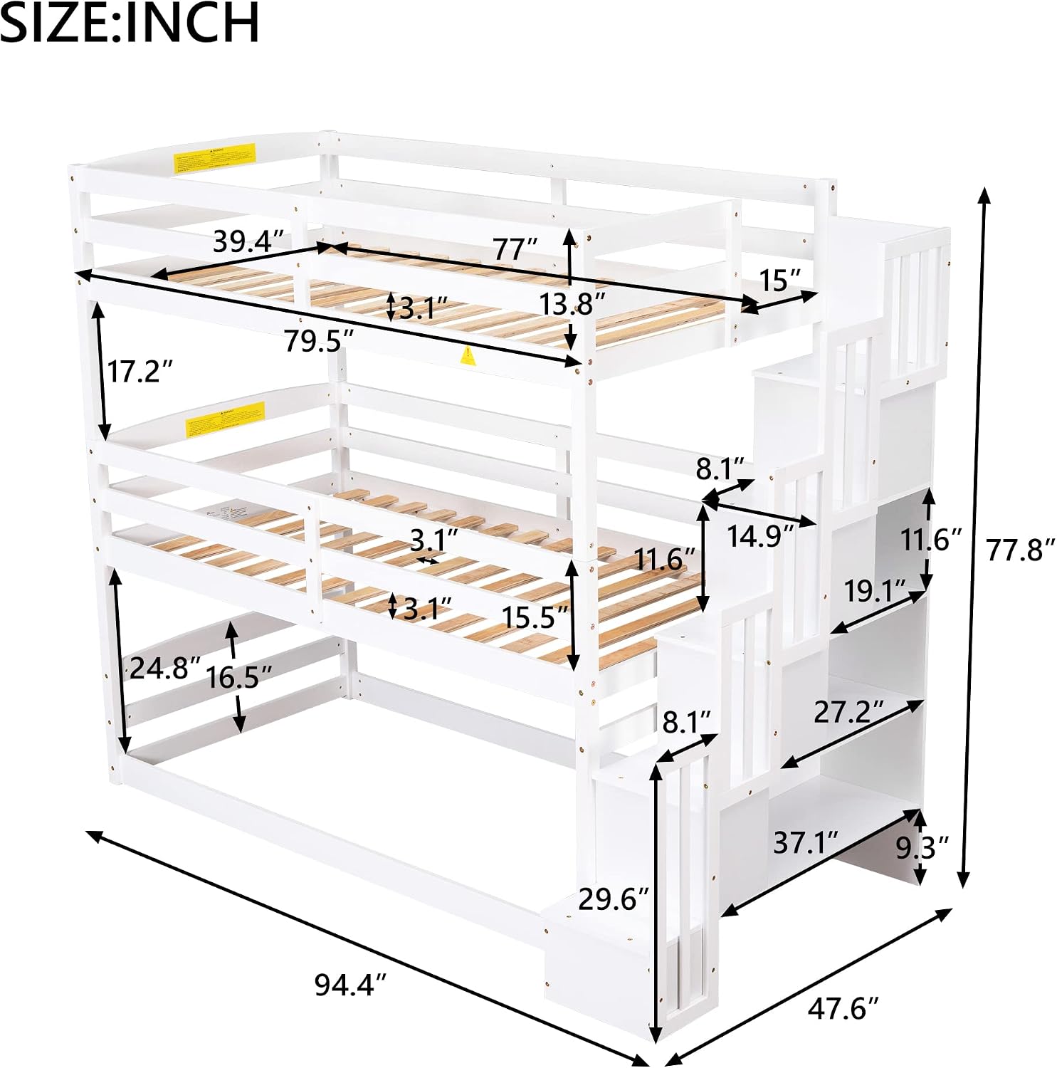 Triple Bunk Bed, Detachable Triple Twin Bunk Bed, 3 Bunk Bed with Storage Staircase, Guardrails, Twin Over Twin Over Twin for Kids, White