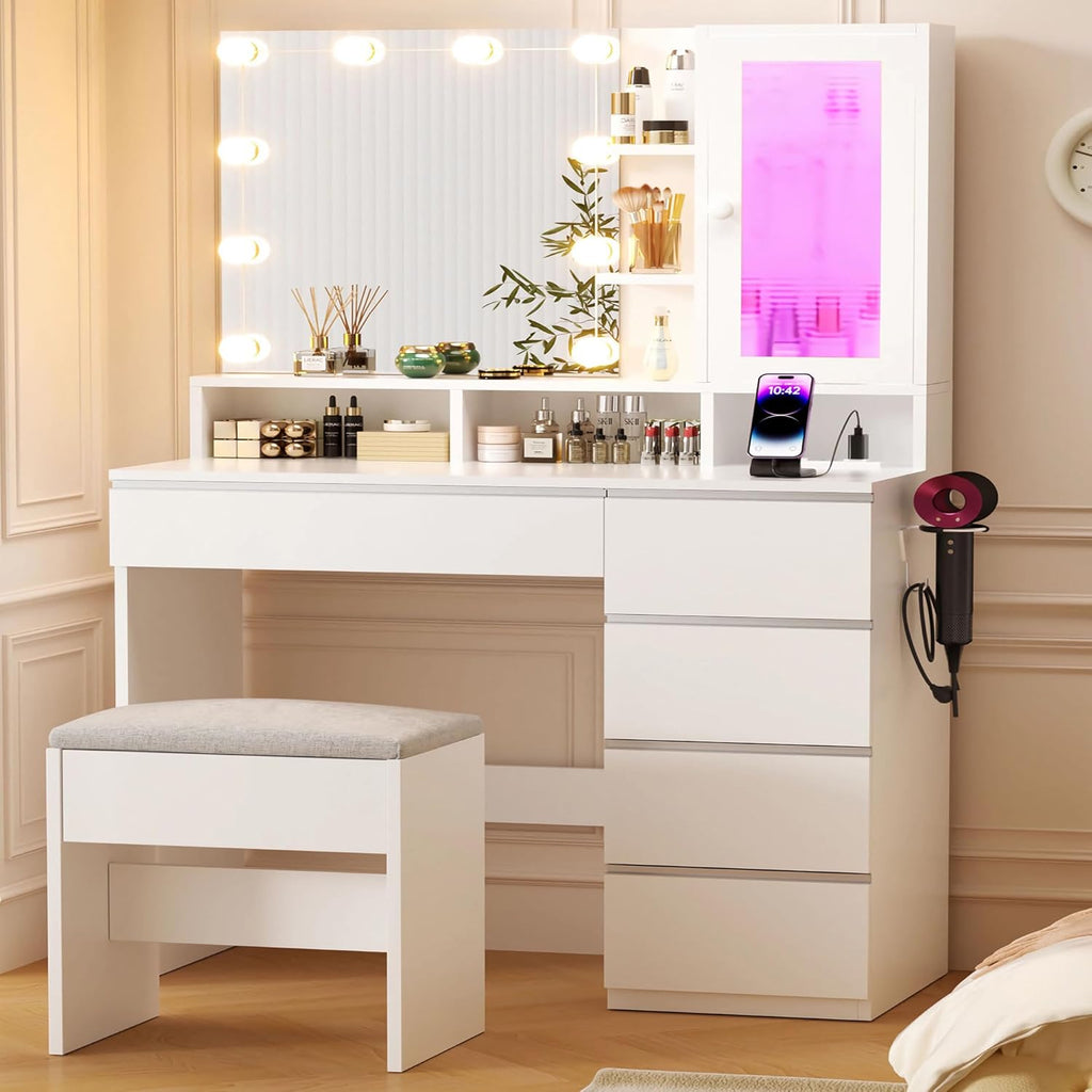 ERLEJIA Vanity Desk with LED Lights Mirror, 35.43' Modern Makeup Table with 6 Storage Drawers & Stool for Ladies and Girls, RGB Light Makeup Desk with Power Outlet for Bedroom Dressing Room, White