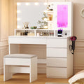 ERLEJIA Vanity Desk with LED Lights Mirror, 35.43' Modern Makeup Table with 6 Storage Drawers & Stool for Ladies and Girls, RGB Light Makeup Desk with Power Outlet for Bedroom Dressing Room, White