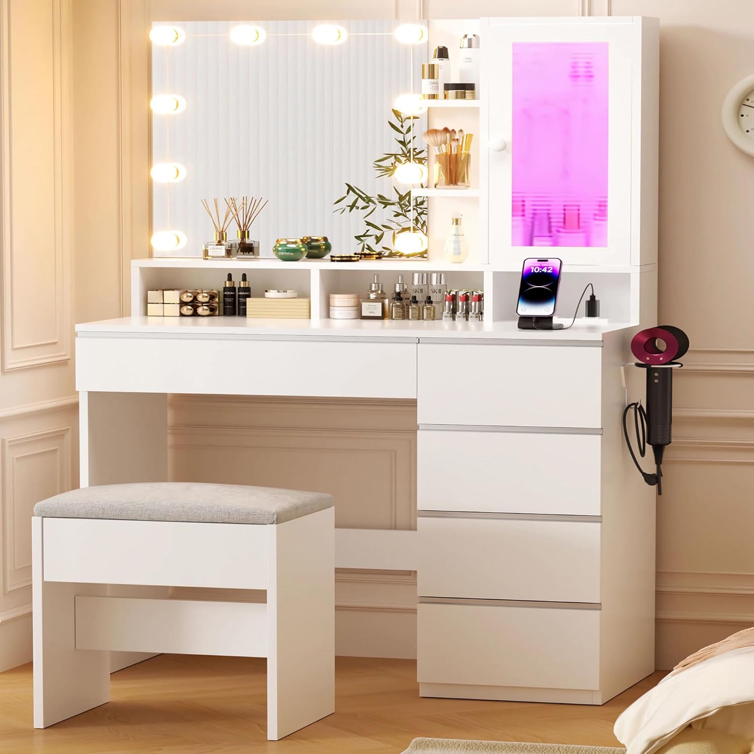 ERLEJIA Vanity Desk with LED Lights Mirror, 35.43' Modern Makeup Table with 6 Storage Drawers & Stool for Ladies and Girls, RGB Light Makeup Desk with Power Outlet for Bedroom Dressing Room, White
