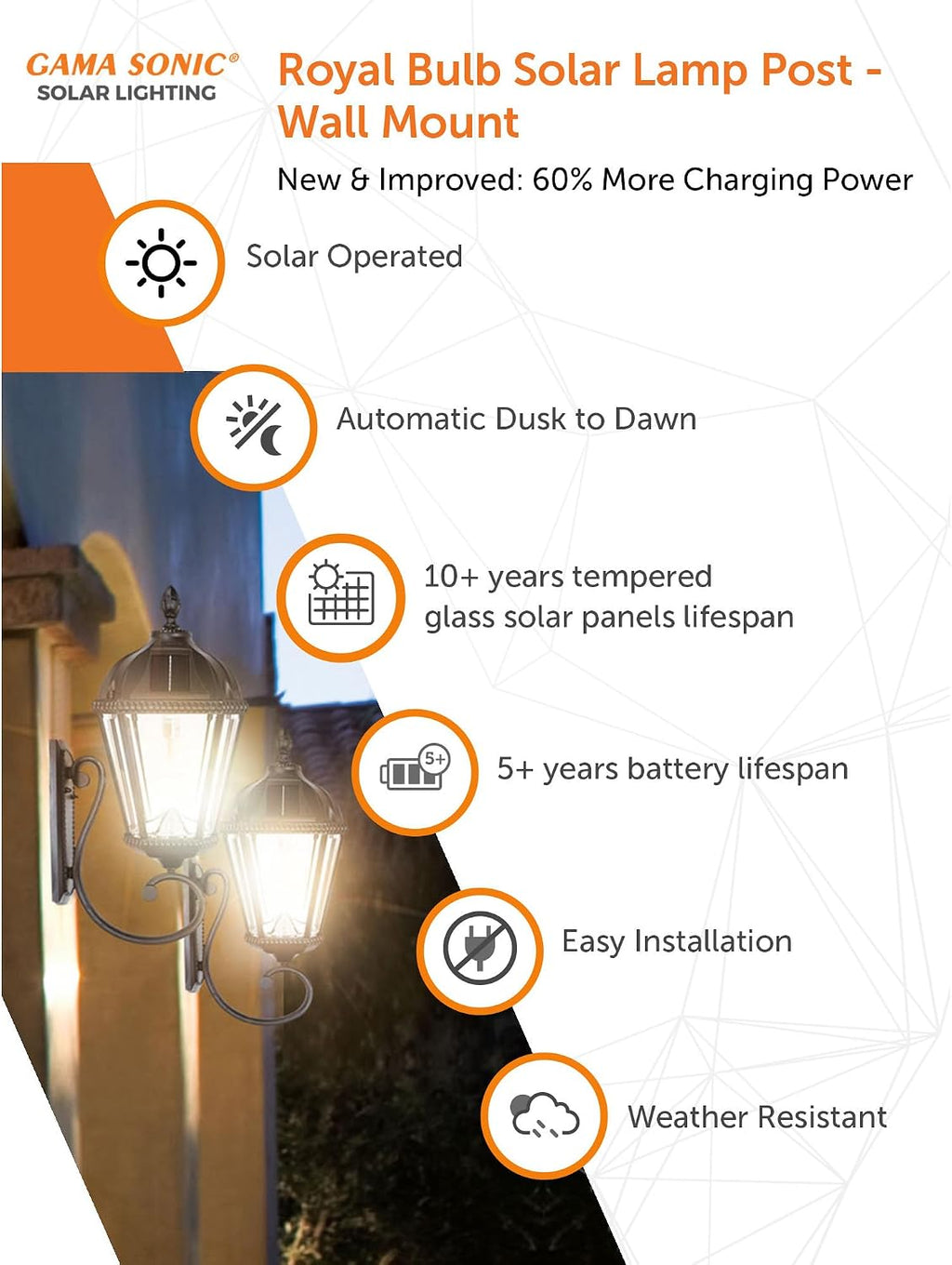 Gama Sonic Solar Outdoor Wall Light, Royal Bulb Exterior Sconce Lamp, Black Cast Aluminum, Clear Beveled Glass, Warm White LED with Omni-Direction Reflector, Large 21-Inch Height, 98B010 (Upgraded)