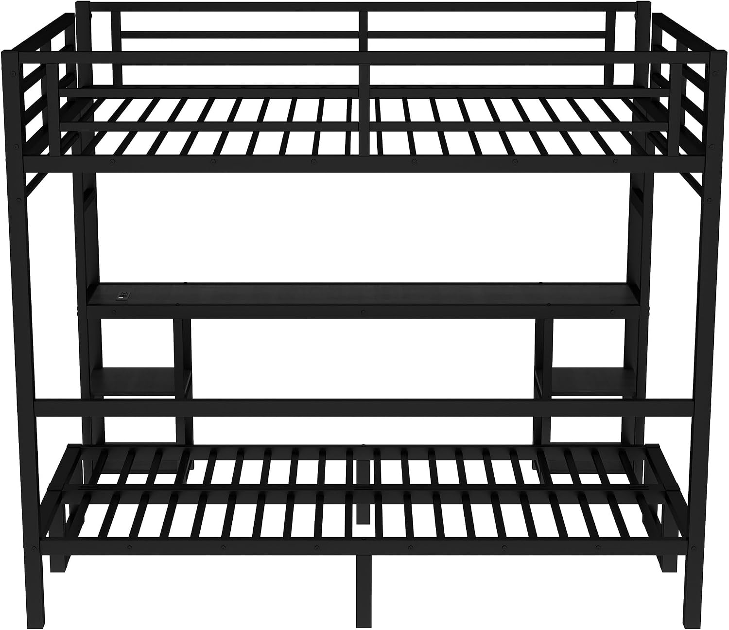 JIVOIT Queen Over Twin XL Metal Bunk Bed/Loft Bed, Multi-Functional Folding Design with Desk and Shelves, Multiple Uses Folds into Sofa, No Box Spring Needed