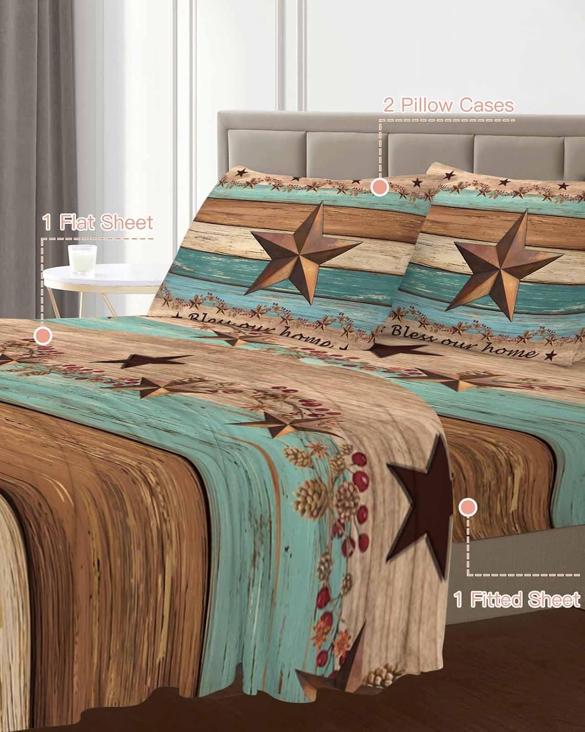 Western Texas Star Retro Cal King Sheet Set 4 Piece Bedding - Country Farmhouse Teal Brown Wood Grain Breathable Comfy Cooling Bed Sheets & Pillowcase Sets, Hotel Flat Sheets Deep Pockets Fitted Sheet