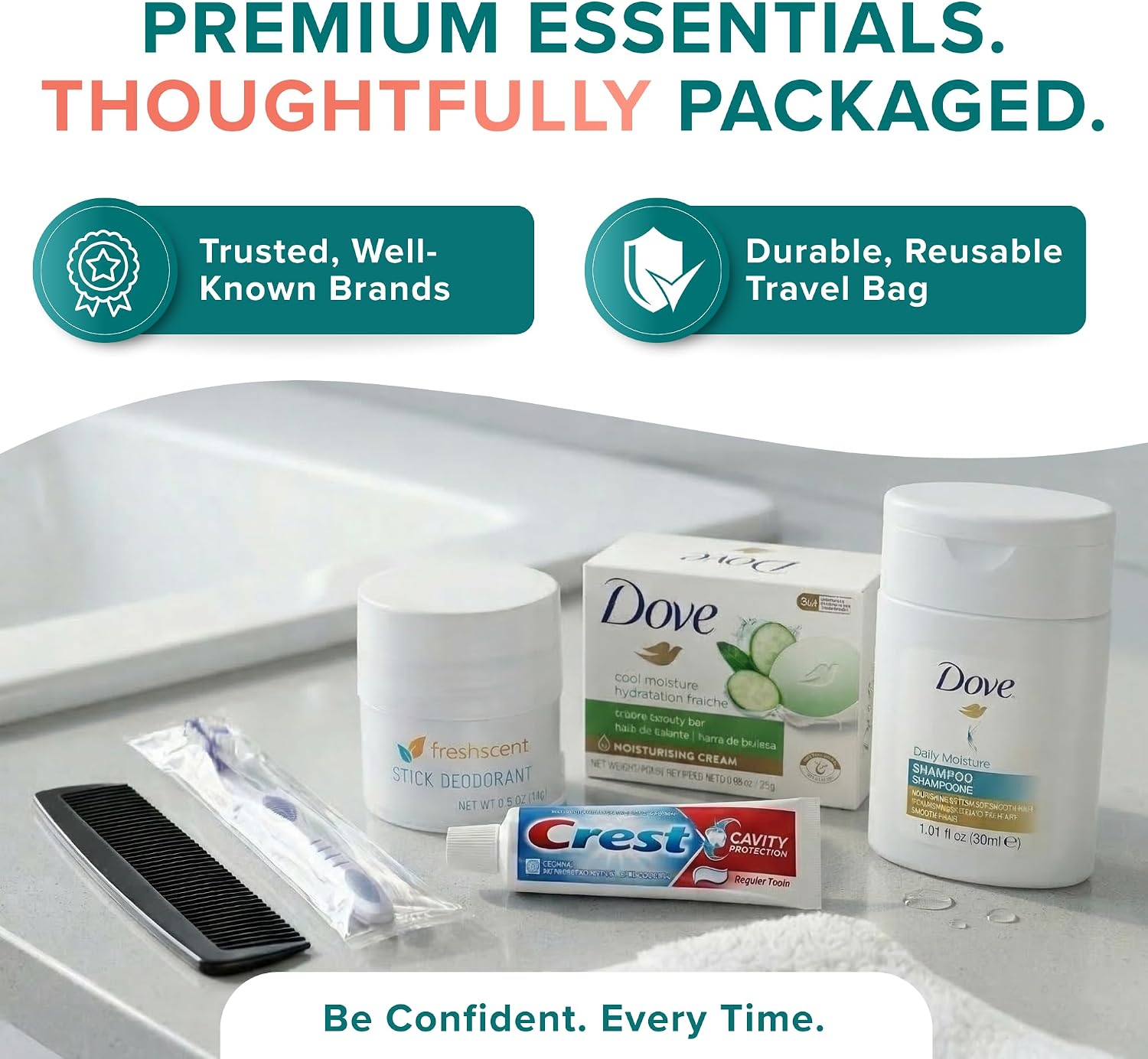 Assemble Your Own Hygiene Kit, Bulk Hygiene Essentials, Travel Size Toiletries Set with Comb, Toothbrush, Toothpaste, Shampoo, Deodorant, Bag and More (50 Pack)