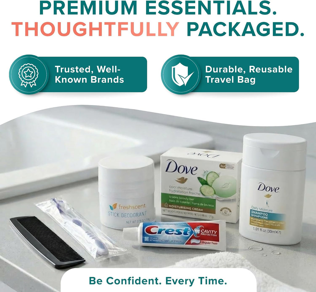 Assemble Your Own Hygiene Kit, Bulk Hygiene Essentials, Travel Size Toiletries Set with Comb, Toothbrush, Toothpaste, Shampoo, Deodorant, Bag and More (200 Pack)
