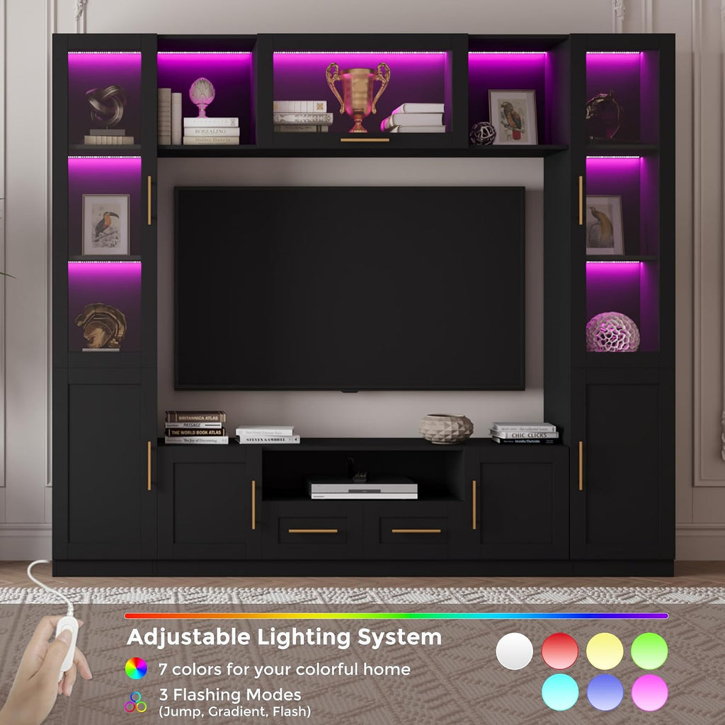 Bobve 94' Wall Unit Entertainment Center for TVs up to 70',Modern TV Console with APP LED Lights,Multifunctional TV Stand with Tempered Glass Door,Drawers & Shelves for Living Room,Black