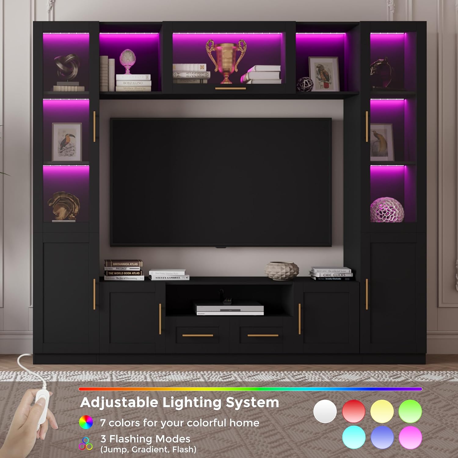 Bobve 94' Wall Unit Entertainment Center for TVs up to 70',Modern TV Console with APP LED Lights,Multifunctional TV Stand with Tempered Glass Door,Drawers & Shelves for Living Room,Black