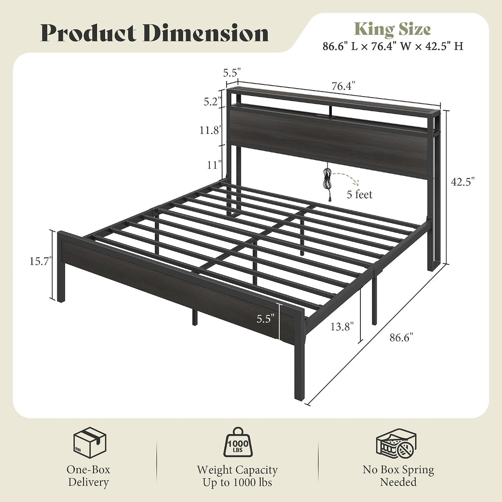 AMERLIFE King Size Bed Frame with Storage Headboard & Charging Station, Industrial Metal Platform Bed with Large Under-Bed Storage, Heavy Duty Slats, No Box Spring Needed, Black