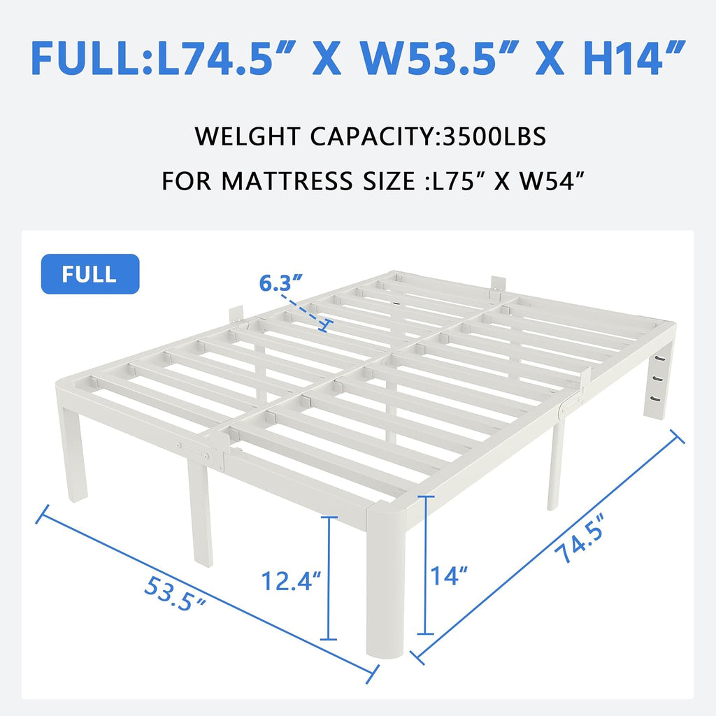 White Full Size Bed Frame 14 Inch, Metal Full Bed Frame No Box Spring Needed, Heavy Duty Steel Support 3500 LBS, DIY Headboard, Noiseless, Round Corner Legs, Storage Space, Easy Assembly