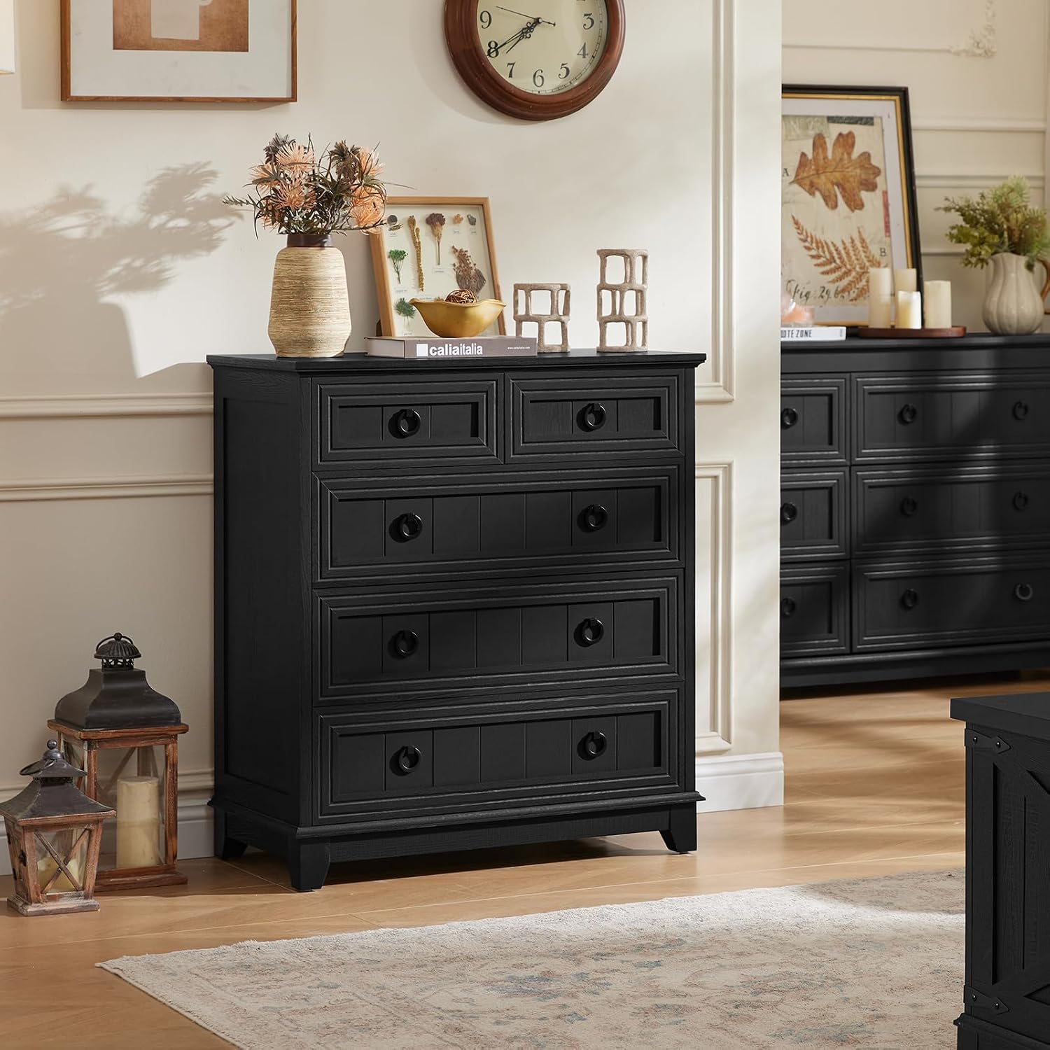 Joaxswe Farmhouse 5 Drawer Dresser for Bedroom Set of 2, 33.2' Tall Small Dressers & Chest of Drawers, Rustic Wood Dresser with Metal Handle, Storage Organizer Closet for Living Room, Hallway,Entryway