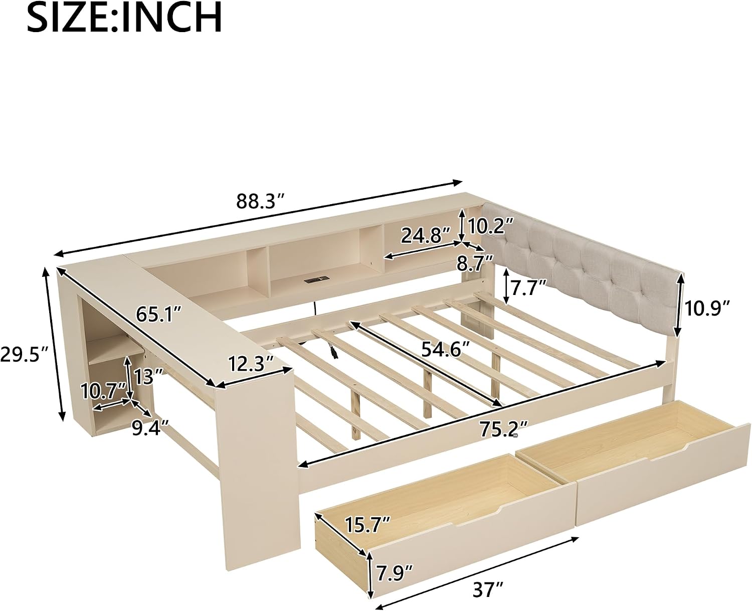 Full Size Platform Bed with Storage Shelves and Study Desk, Wood Daybed Frame with Upholstered Headboard and 2 Drawers for Office/Living Room/Bedroom, Maximize Space