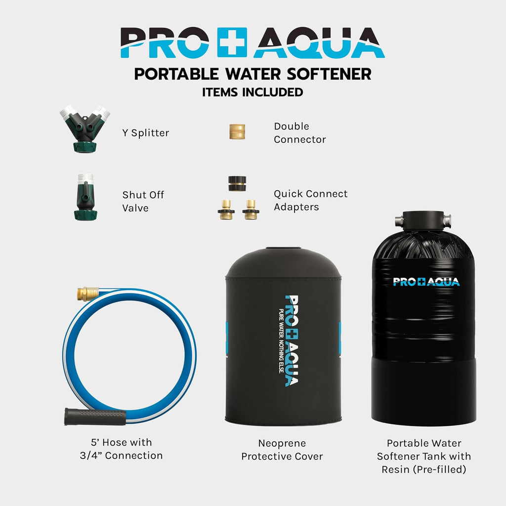 PRO+AQUA 16,000 Grain Portable Water Softener for RV, Trailers, Boats, Mobile Car Wash, Pressure Wash – Protects Water Systems from Hard Water Damage and Corrosion, with Pre-Filled High-Capacity Resin