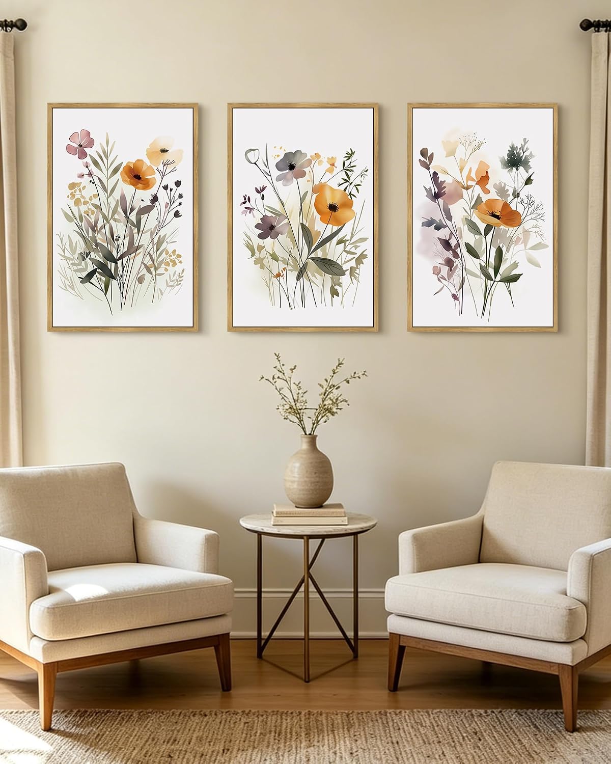 KUVIOKE Wildflower Bouquet Framed Wall Art Modern Flower Botanical Pictures Illustrations Colorful Floral Hanging Bedroom Dining Living Room Decor 24x36in (Natural Framed)