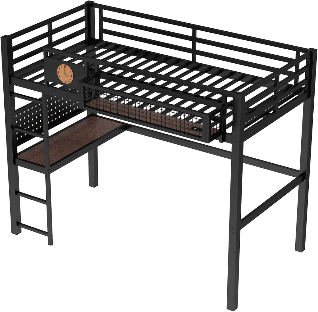JIVOIT Twin XL Size Metal Loft Bed Frame with Desk, Bedside Storage Basket, Side Clock Design, Pegboard, 68' H Metal Loft Bed with Slats Support, No Spring Box Needed