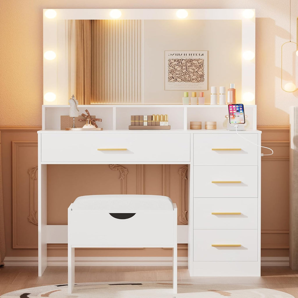 ERLEJIA Vanity Desk with Mirror and Lights, 35.43' Large Mirror Makeup Table with Stool, 5 Drawers Dressing Table for Girls and Ladies Bedroom, White and Gold