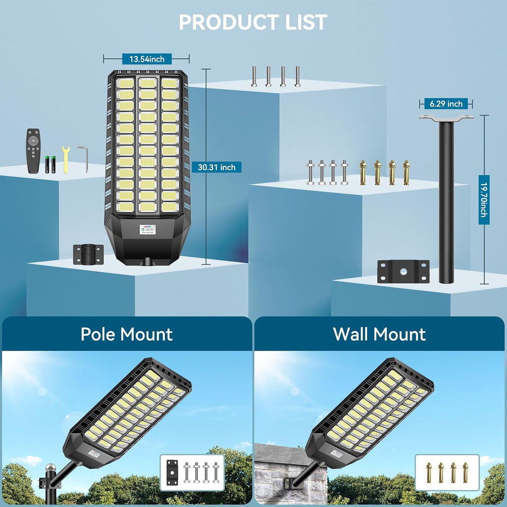 VOOJOY 12000W Solar Street Light Outdoor, Commercial Grade Solar Lights Outdoor, IP67 Waterproof Parking Lot Lights Dusk to Dawn LED Security Flood Light Motion Sensor with Remote Control, 2 Pack