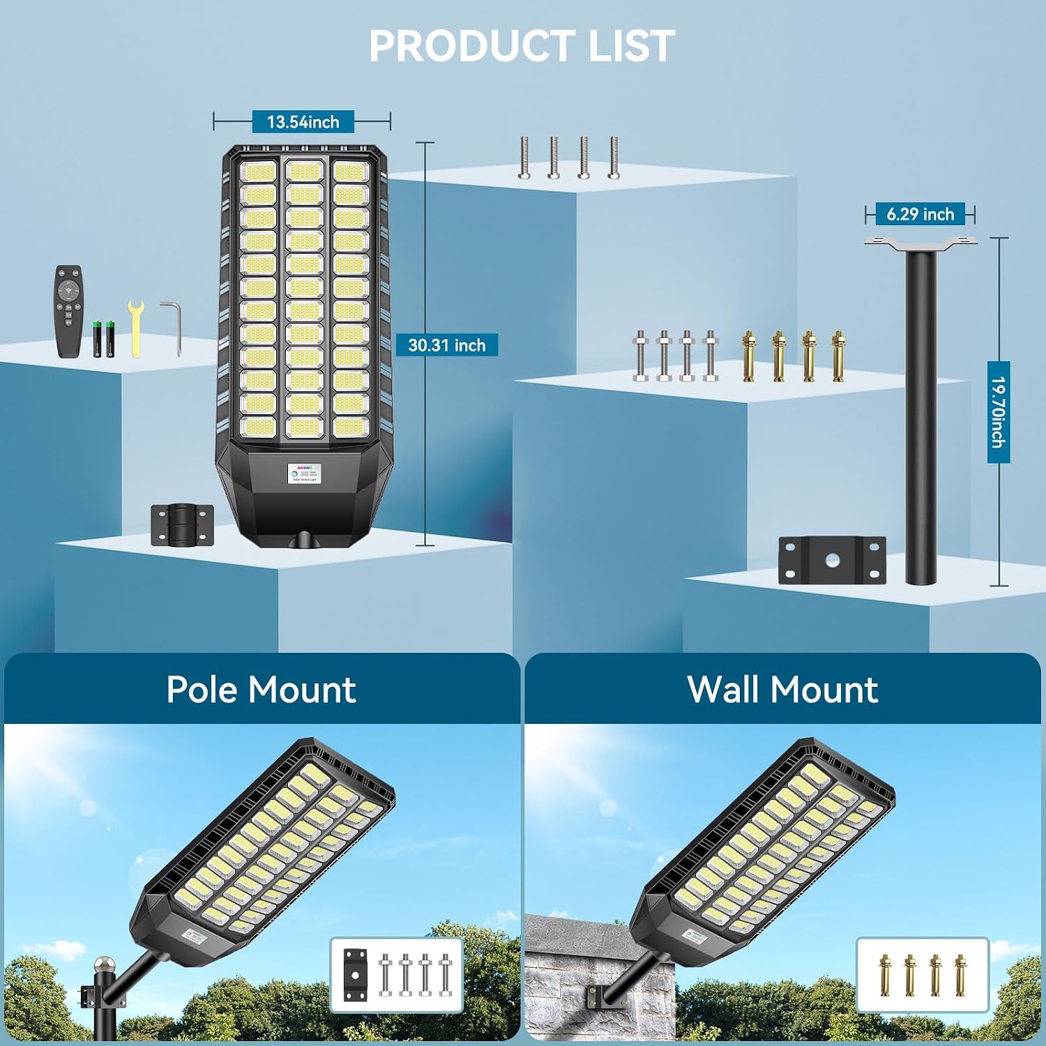 VOOJOY 12000W Solar Street Light Outdoor, Commercial Grade Solar Lights Outdoor, IP67 Waterproof Parking Lot Lights Dusk to Dawn LED Security Flood Light Motion Sensor with Remote Control, 2 Pack