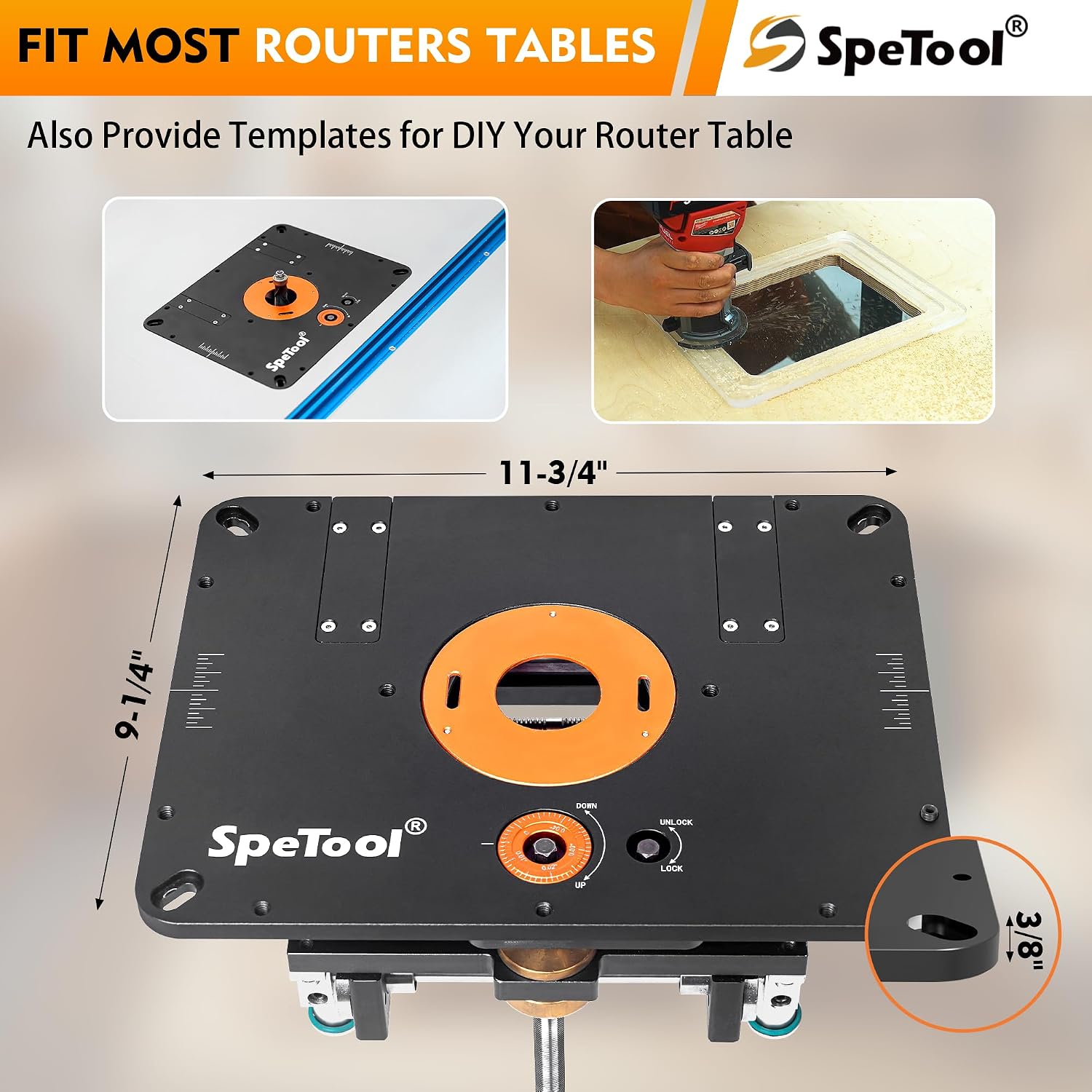 SpeTool Router Lift Kit for 1.25 HP, 2.25 HP, and 3.25 HP Router, Precision All-Aluminum Router Table Lift System with 3 Magnetic Insert Rings, 9-1/4'x11-3/4' Router Table Insert Plate for Woodworking