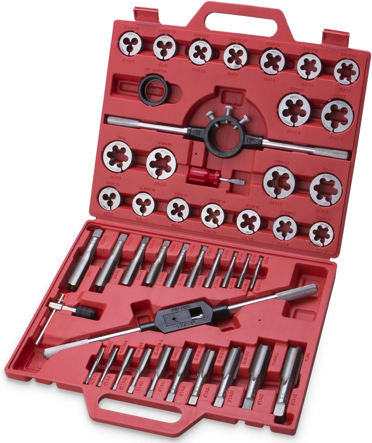 45-Piece Premium Large Size Tap and Die Set - Metric M6, M8, M10, M12, M14, M16, M18, M20, M22, M24, Both Coarse and Fine Teeth | Essential Threading and Rethreading Tool with Handle Wrench and Case